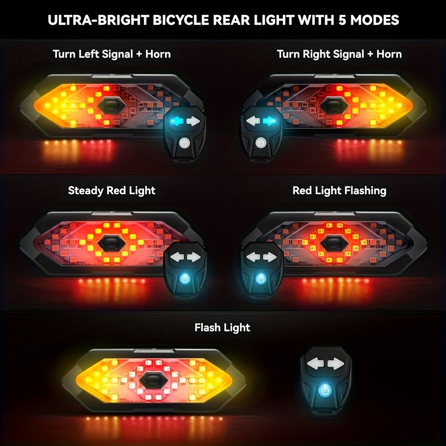 Bike Tail Light with Left & Right Turn Signals – 650mAh Ultra-Bright Safety Warning Light, Remote Control, Alert Speaker, Red/Yellow LED, Compact Design for Night Riding, Cycling Gift