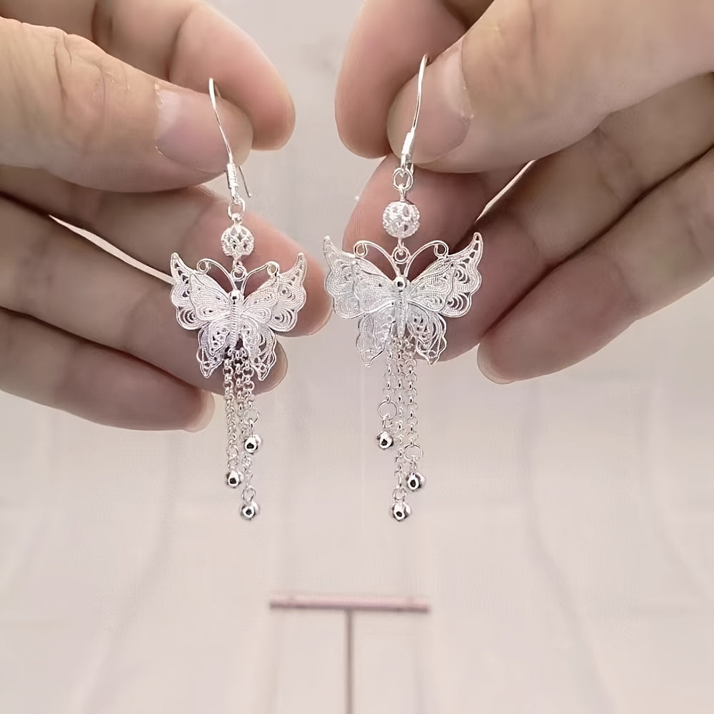 S925 Sterling Silver Butterfly Earrings with Long Tassels – Elegant Vintage Drop Earrings for Women, Nature-Inspired Graceful Movement, Perfect Gift for Weddings, Everyday Wear & Friends