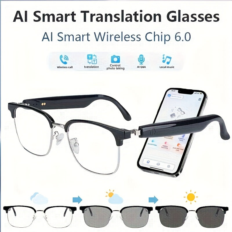 AI Smart Glasses with 8MP HD Camera Touch Control ChatGPT Real-Time Translation Wireless Calling Blue Light Protection Noise Reduction Dual Mics Photochromic Lens for Cycling Driving Travel Office