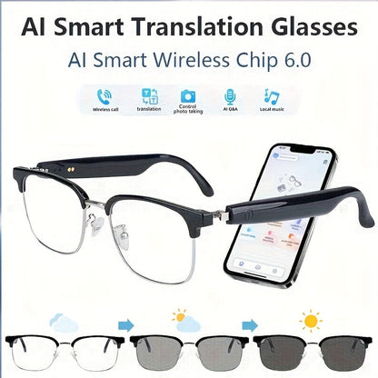 AI Smart Glasses with 8MP HD Camera Touch Control ChatGPT Real-Time Translation Wireless Calling Blue Light Protection Noise Reduction Dual Mics Photochromic Lens for Cycling Driving Travel Office
