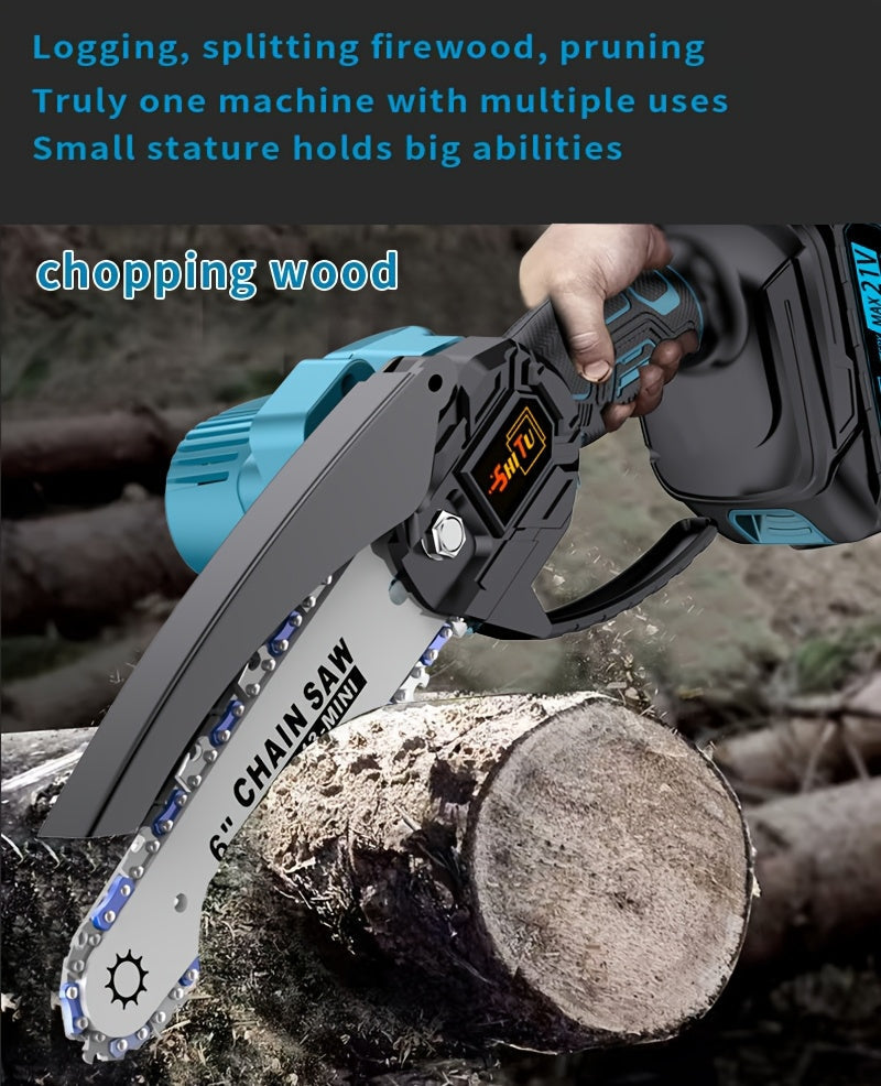 Mini Cordless Chainsaw Portable Handheld Electric Tree Cutter Splash Guard Security Lock Rechargeable for Garden Yard