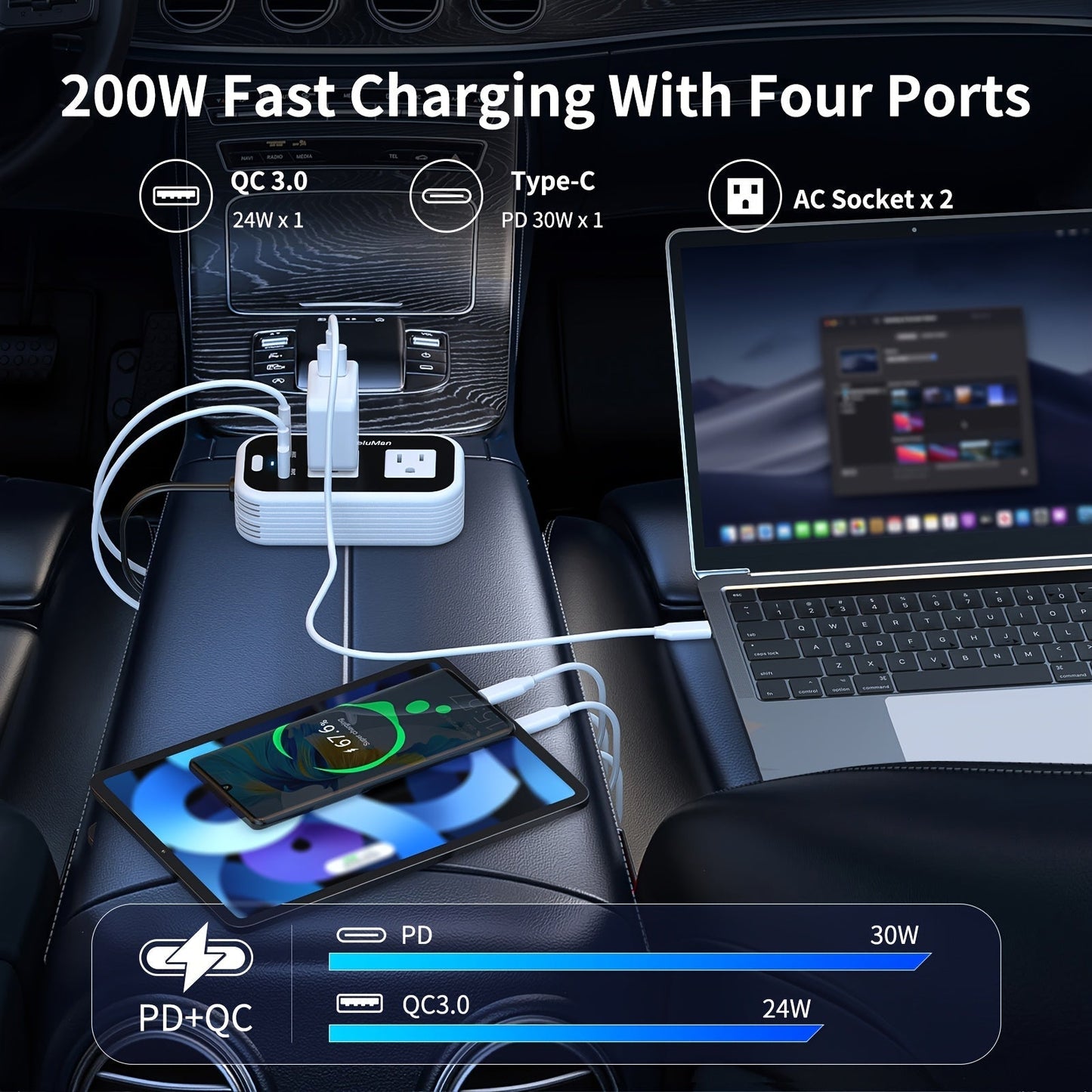 200W Car Power Inverter DC 12V to AC 110V with 30W PD Fast Charge & 24W QC3.0, Car Outlet Adapter for Laptop Phone Tablet, Power Inverter for Vehicles Road Trips Camping