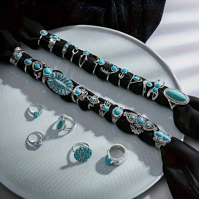44pcs Vintage Turquoise Boho Stacking Rings Set for Women – Stackable Bohemian Style Rings Bulk Pack for Daily Wear, Vacation, Party & Holiday Gifts