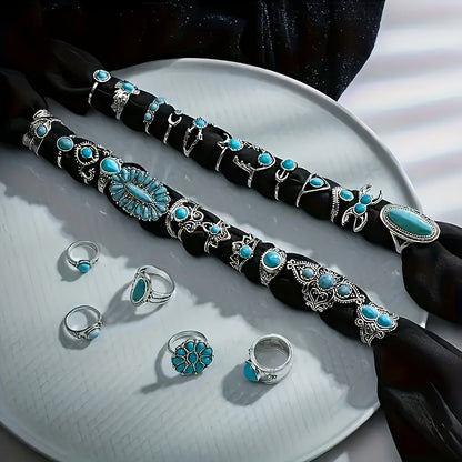44pcs Vintage Turquoise Boho Stacking Rings Set for Women – Stackable Bohemian Style Rings Bulk Pack for Daily Wear, Vacation, Party & Holiday Gifts