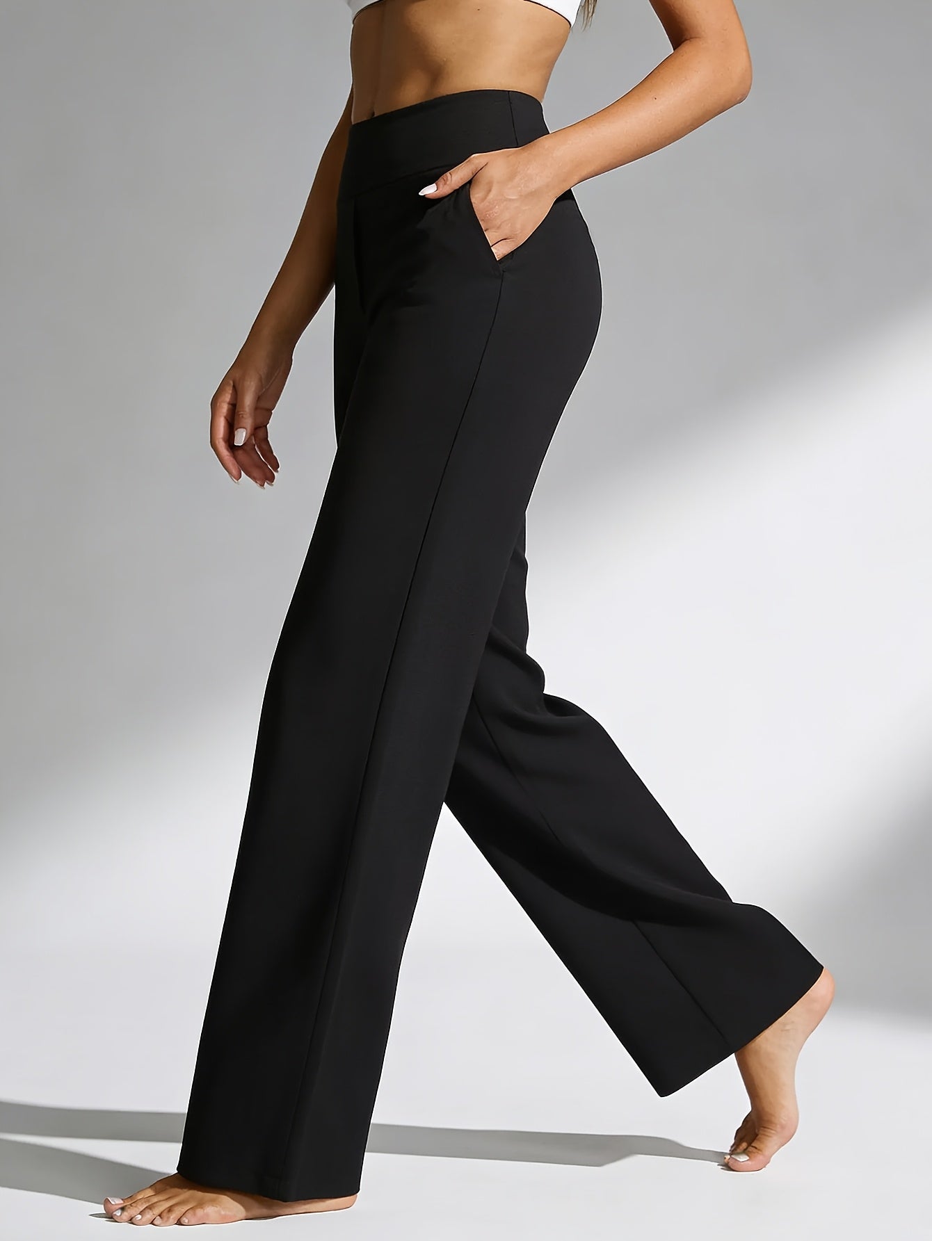 Women's High-Waisted Straight-Leg Yoga Pants with Pockets – Stretchy Casual Loose Fit Sportswear for Ladies, Summer Solid Color Workout Pants for Yoga Gym Pilates & Everyday Wear, S-XXL