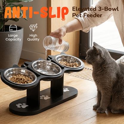 Elevated Cat Bowl Stand with 15° Tilted Stainless Steel Bowls – Adjustable Raised Feeder for Cats & Small Dogs, Anti-Spill Black Wooden Base, Set of 2 or 3 Bowls for Food and Water