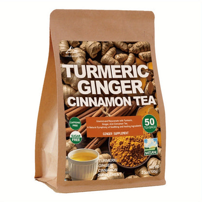 Turmeric Ginger Cinnamon Herbal Tea – Sugar Free, Caffeine Free, No Additives, Natural Wellness Tea Bags for Immune Support, Anti-Inflammatory & Detox, 1/2/3 Bags