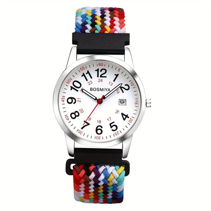 Analog Quartz Sports Watch with Large Calendar Dial & Braided Nylon Strap – Easy-Read 24-Hour Round Case Wristwatch for Men & Women, Flexible Adjustable Elastic Band, 4 Styles