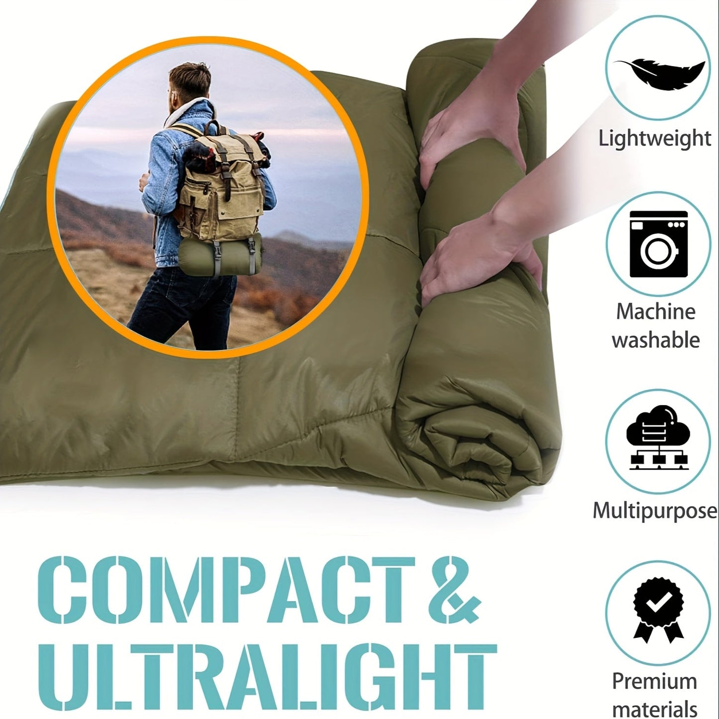 Outdoor Camping Puffy Blanket Foldable Lightweight Warm DWR Water Resistant with 3D Eye Mask 140x200cm for Camping Travel Car Beach Stadium Hammock Sofa Festival