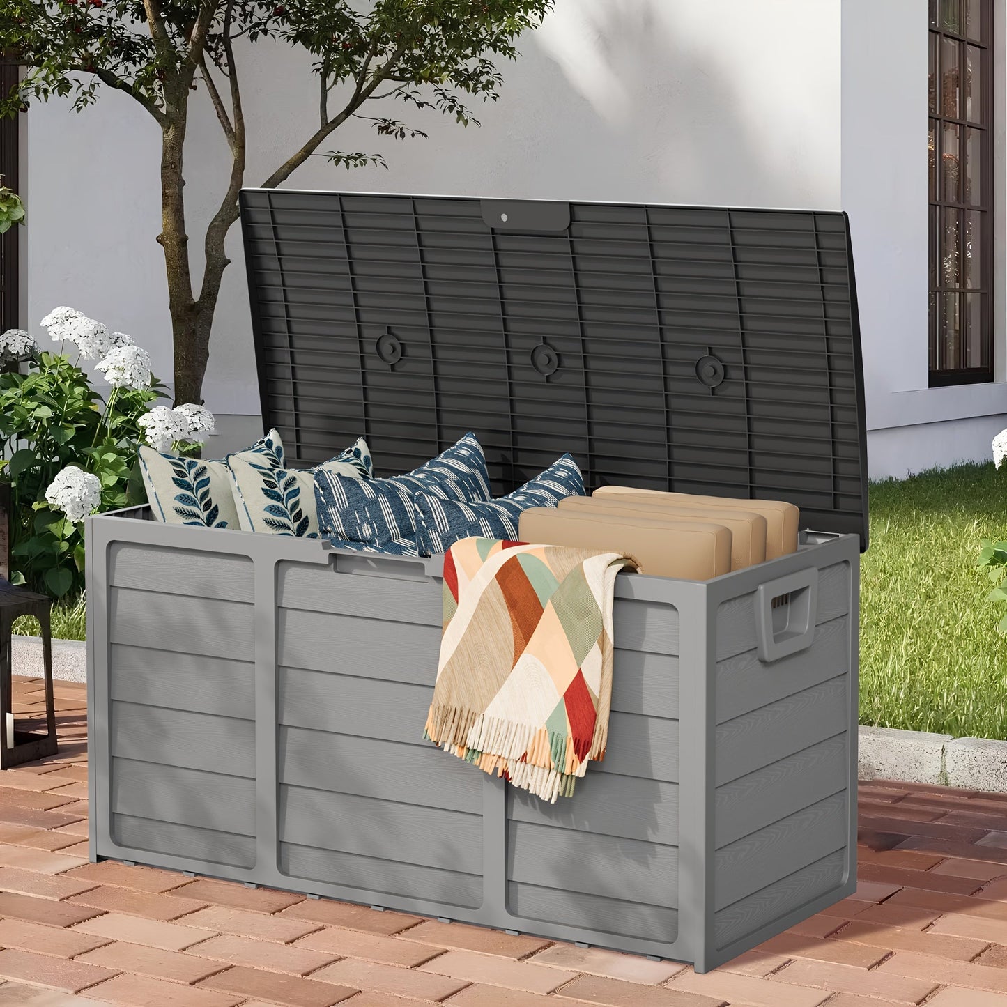 75 Gallon Resin Outdoor Storage Box with Handles Deck Box for Pool Accessories Garden Tools Camping Gear
