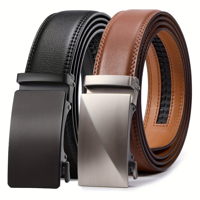 Men's Ratchet Belts 2-Pack – Genuine Leather Cut-to-Fit Dress & Casual Belts for Men, Adjustable Waist 28–52 Inches, Perfect Gift for Him