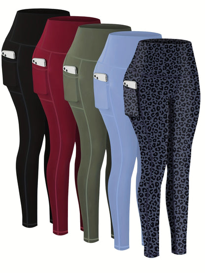 5-Piece Women's Printed Compression Yoga Pants – 7/8 Nine-Point Fitness Running Leggings with Leopard Camo & Solid Patterns, High-Waist Athletic Tracksuit Bottoms for Gym Workout, S-XXL
