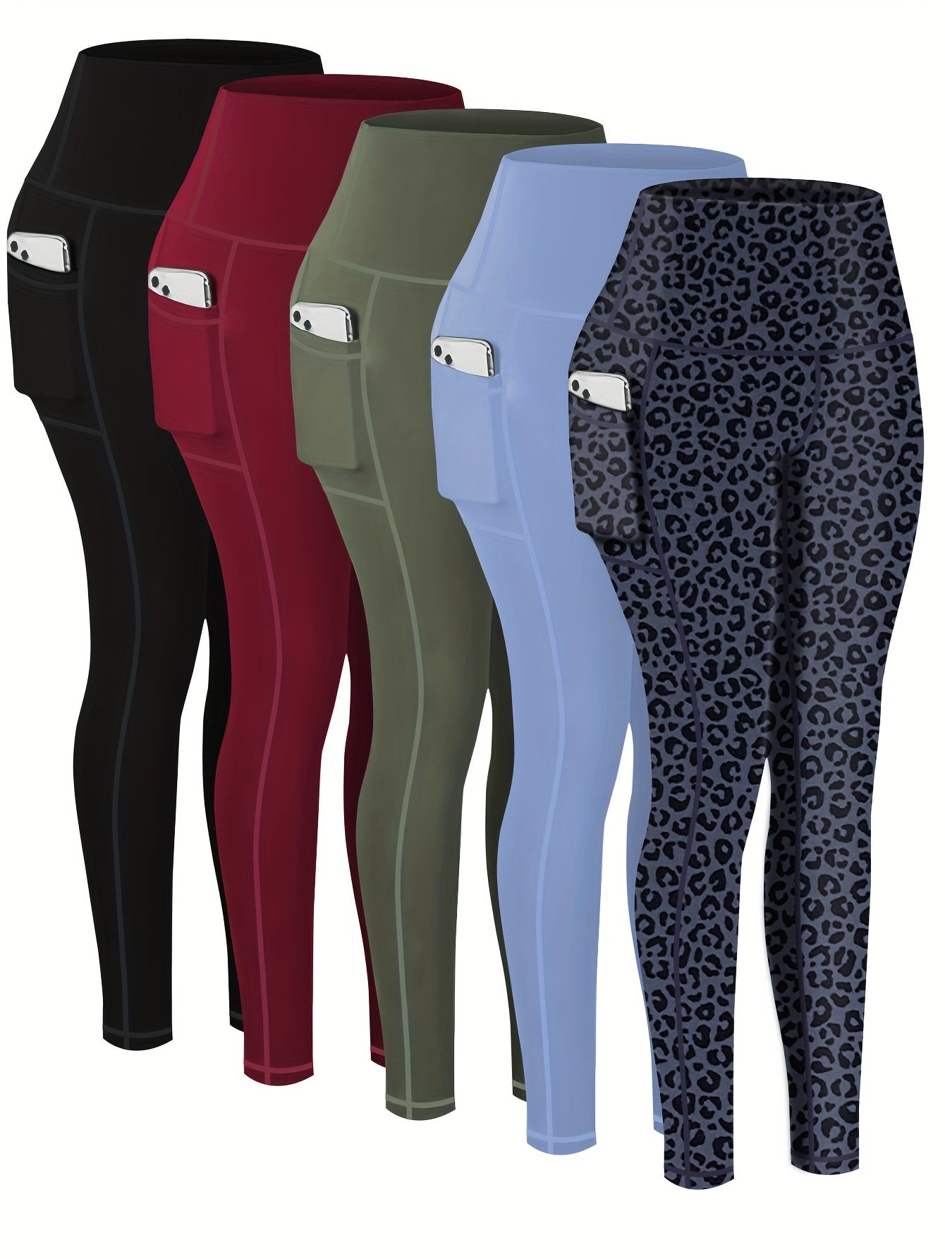 5-Piece Women's Printed Compression Yoga Pants – 7/8 Nine-Point Fitness Running Leggings with Leopard Camo & Solid Patterns, High-Waist Athletic Tracksuit Bottoms for Gym Workout, S-XXL