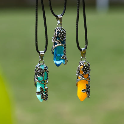 20pcs Natural Stone Hexagonal Column Pendant & Rope Necklace DIY Set – Boho Vintage Gemstone Pendants for Jewelry Craft Making, 10 Wrapped Flower Pendants + 10 Rope Necklaces, Perfect Gift