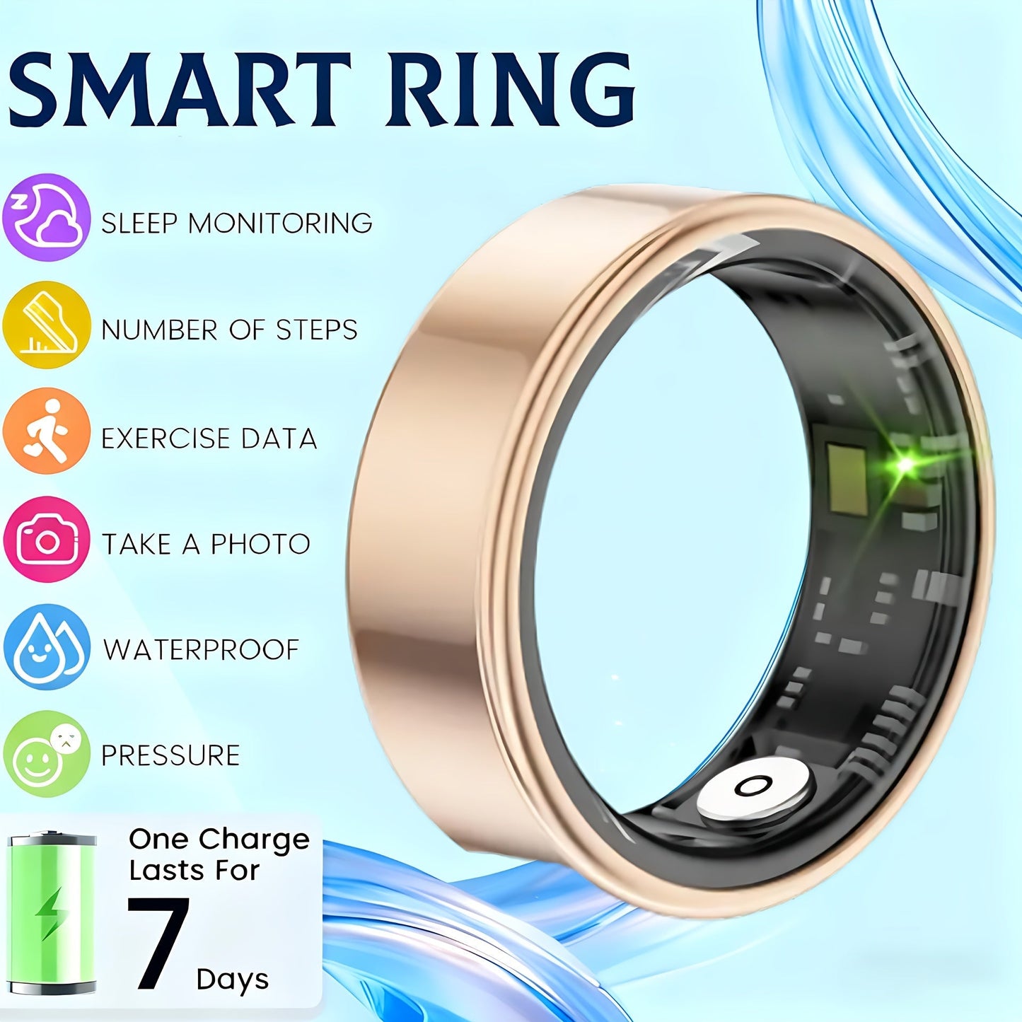 Smart Ring Fitness Tracker for Women Men – Steps Calories HRV Heart Rate Stress Body Temp Monitor 100+ Sports Modes IP68 Waterproof iPhone Android Compatible
