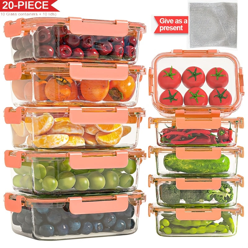 Glass Food Storage Containers with Lids 20-Piece Set, Stackable Airtight Meal Prep Containers, Oven Microwave Refrigerator & Dishwasher Safe, Space-Saving Kitchen Organization – 10 Containers + 10 Lids