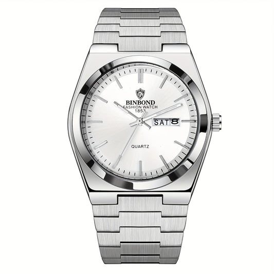 Men's Stainless Steel Quartz Watch – Luminous Dial, Date Calendar, Analog Business Wristwatch for Men, Classic Round Face, Solid Steel Band, Multiple Colors Available