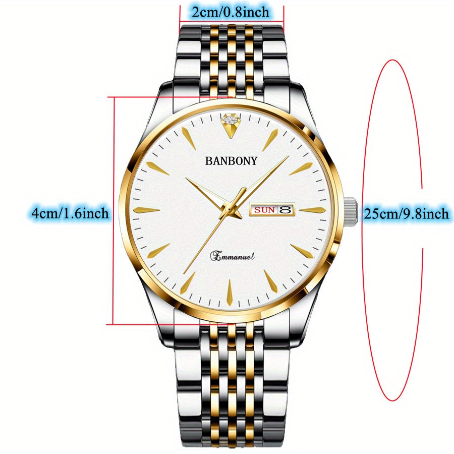Unisex Stainless Steel Quartz Watch – Rhinestone Accents, IPX7 Waterproof, HD Dial with Date Display, Gold & Silver Tones, Elegant Fashion Wristwatch for Women & Men