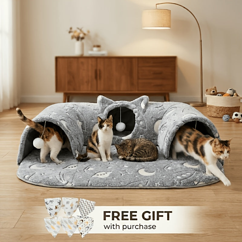 Cat Tunnel Bed with Memory Foam, Hanging Ball & Free Drool Bib – Detachable Plush Cat Condo Lounge, Machine Washable Pet Nest for Multi-Cat Households, Small to Medium Cats – Velora
