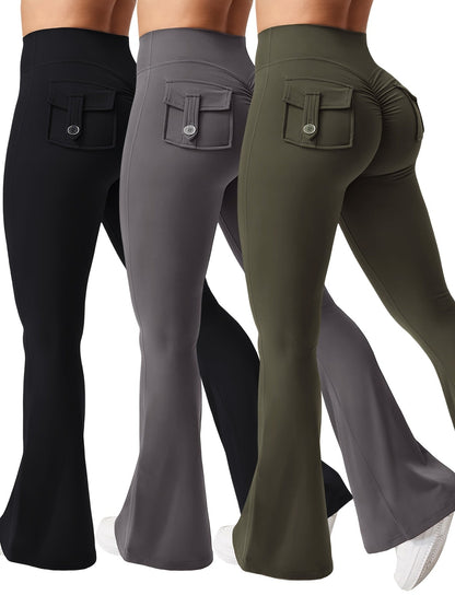 Women's 3-Piece High Waist Flare Yoga Pants Set with Belt and Pockets, Scrunch Butt Lifting Squat Proof 90% Polyester Stretchy Flared Leggings for Workout Gym Running Casual Wear