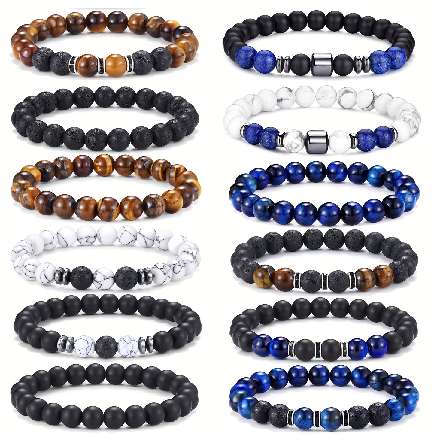 12 Piece Natural Stone Tiger Eye Bead Bracelet Set for Men and Women – 8mm Adjustable Boho Bracelet with Black Beads, Unisex Earthy Wrist Jewelry, Perfect Father’s Day Family Gift
