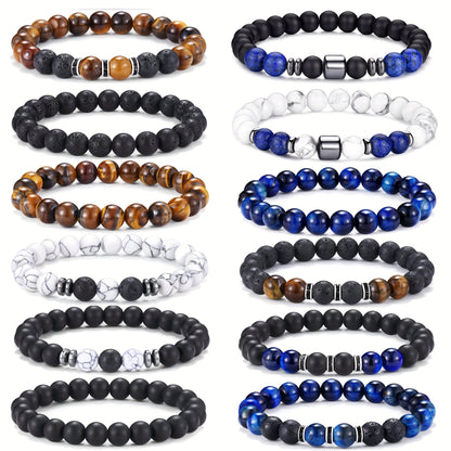12 Piece Natural Stone Tiger Eye Bead Bracelet Set for Men and Women – 8mm Adjustable Boho Bracelet with Black Beads, Unisex Earthy Wrist Jewelry, Perfect Father’s Day Family Gift