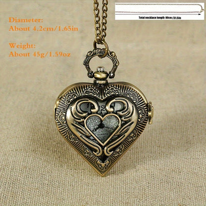Silver Heart-Shaped Hollow Pendant Pocket Watch Necklace for Women - Elegant Quartz Locket Watch Stainless Steel Vintage Charm Jewelry, Perfect Mother's Day Valentine's & Birthday Gift