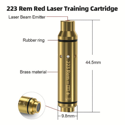 Dry Fire Laser Training Cartridge Multi-Caliber – 9mm / 45ACP / .223Rem Laser Bullet for Dry Fire Training System & Bore Sighter, Durable Copper, Class IIIA 650nm, 9 Batteries Included – Shooting Gift for Men