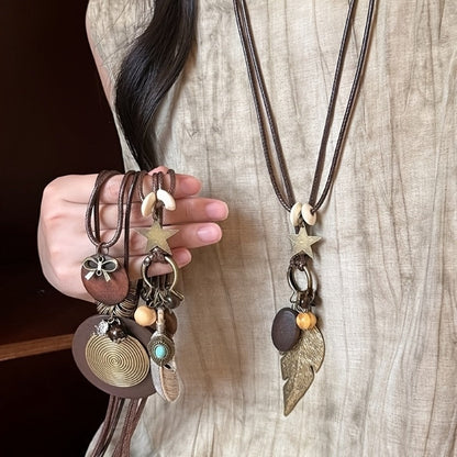 5 Piece Bohemian Layered Necklace Set for Women – Retro Boho Sweater Chain Y-Shaped Necklace with Feather Leaf Butterfly Star Pendants, Fashionable Stackable Jewelry Gift for Daily Wear and Banquets