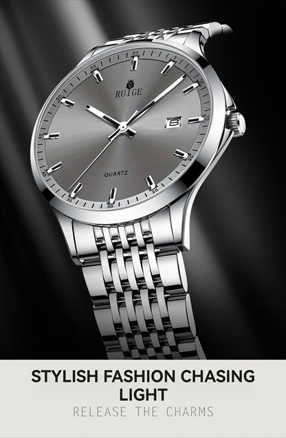 RUIGE Men's Luxury Quartz Watch Stainless Steel with Calendar Night Light Rhinestone Accents - Sports Business Dress Watch for Men Gift for Him