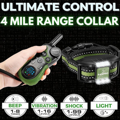 Dog Training Collar with Remote 4-Mile Range – 124 Adjustable Levels 4 Modes Beep Vibration Shock Night-Light Rechargeable E-Collar for Dogs 5–135 lbs with Training Guide