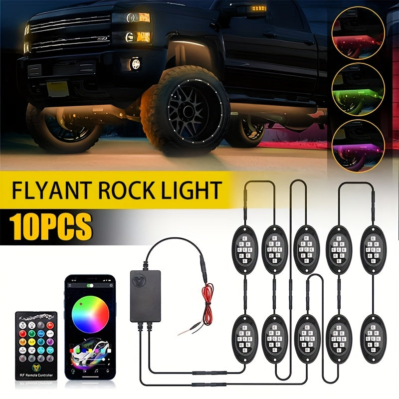 RGB LED Rock Lights Kit for Trucks & Pickup – Sound Activated, APP & Remote Control, Multicolor Underglow Chassis Neon Light, 9 Large Light Beads, 4/6/8/10 Pods Underbody Lighting