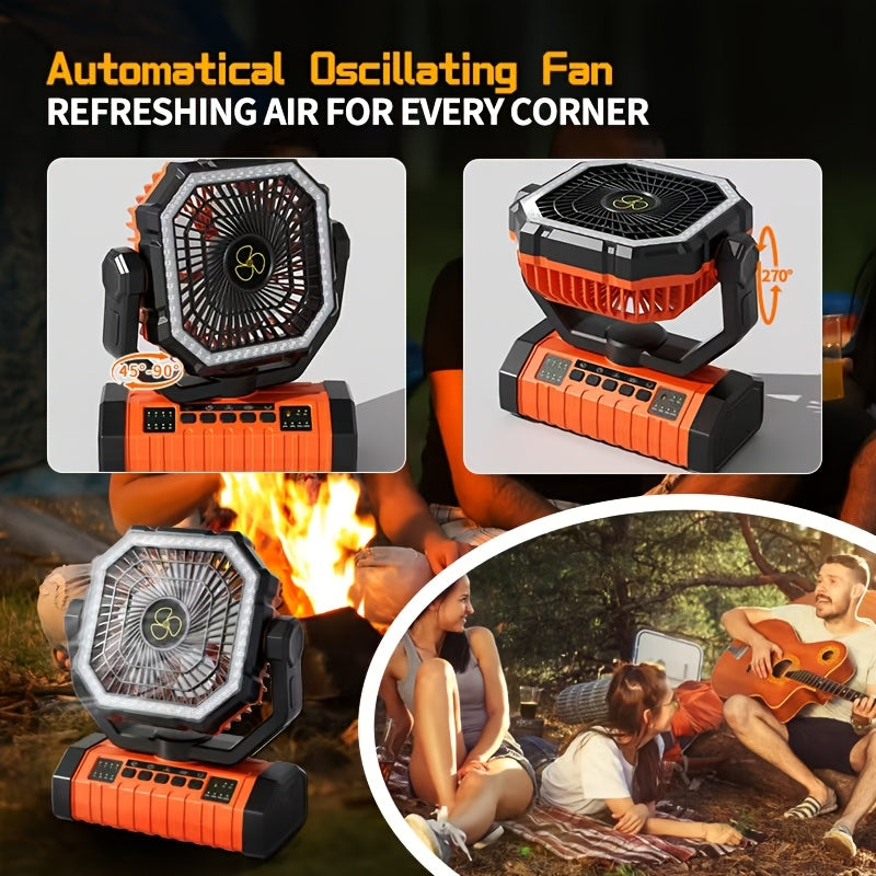 20000mAh Rechargeable Camping Fan with Built-in LED Light Tent Hook USB Charging Portable Battery Powered Outdoor Cooling Fan for Camping Hiking Power Outages Construction Sites Orange Upgraded Model