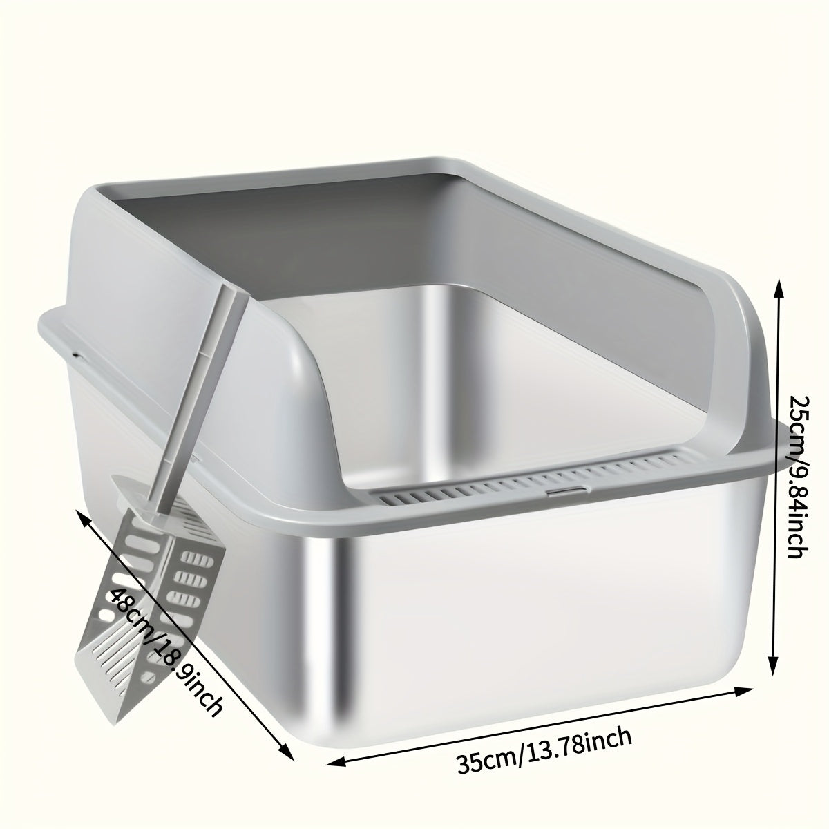 Stainless Steel Cat Litter Box High Sides Anti-Leakage Metal Litter Pan with Scoop Sifting Tray Rust-Proof Odor-Resistant Non-Stick Easy Clean Indoor Cat Toilet Medium Large Cats