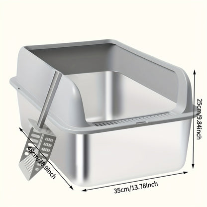 Stainless Steel Cat Litter Box High Sides Anti-Leakage Metal Litter Pan with Scoop Sifting Tray Rust-Proof Odor-Resistant Non-Stick Easy Clean Indoor Cat Toilet Medium Large Cats