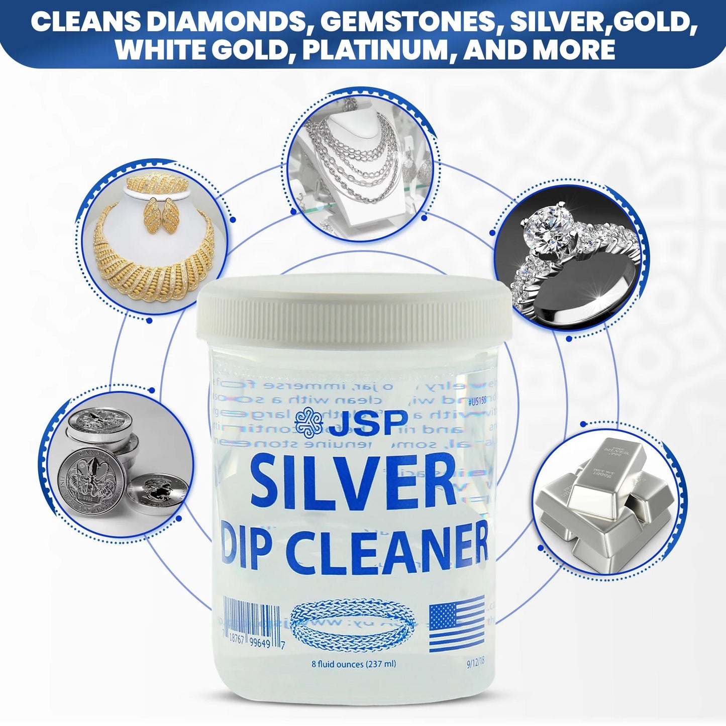 JSP Sterling Silver Dip Cleaner & Tarnish Remover 8oz – 925 & 999 Silver Jewelry Cleaning Solution with Dipping Basket & Microfiber Cloth, Restores Shine to Silver, Gold & Precious Metals