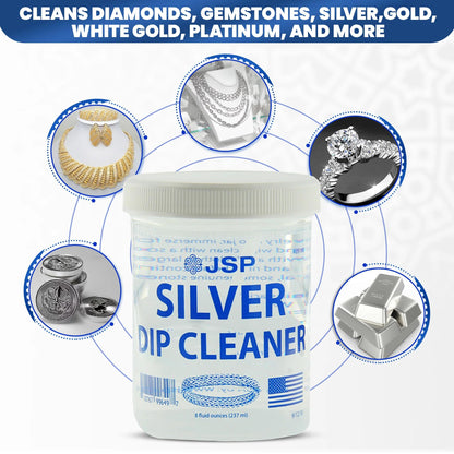JSP Sterling Silver Dip Cleaner & Tarnish Remover 8oz – 925 & 999 Silver Jewelry Cleaning Solution with Dipping Basket & Microfiber Cloth, Restores Shine to Silver, Gold & Precious Metals