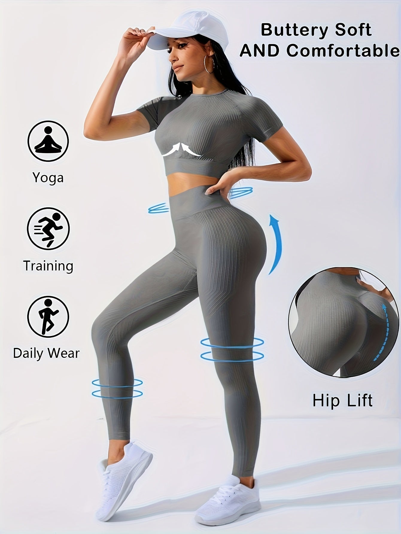 Women's 2-Piece Workout Set - Yoga Crop Top & High Waist Leggings, Crew Neck Medium Stretch Solid Color All-Season Activewear for Gym Fitness Pilates Running, Sizes XS-XL