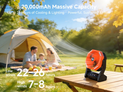 20000mAh Camping Fan with LED Light – 4 Wind Speeds, Brushless Motor, 180° Oscillation, 22-26H Battery Life, 3-in-1 Portable Outdoor Desk Fan for Camping, Hiking, Picnic & Emergency Use – 6 Colors