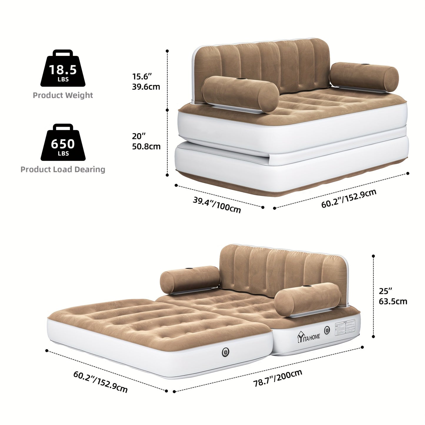 Inflatable Air Sofa Bed 2-in-1 Queen Size – Portable Blow Up Couch & Airbed with Headboard, Cup Holders, External Pump & Storage Bag, 440 lb Capacity for Home, Camping & Guests