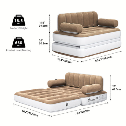 Inflatable Air Sofa Bed 2-in-1 Queen Size – Portable Blow Up Couch & Airbed with Headboard, Cup Holders, External Pump & Storage Bag, 440 lb Capacity for Home, Camping & Guests