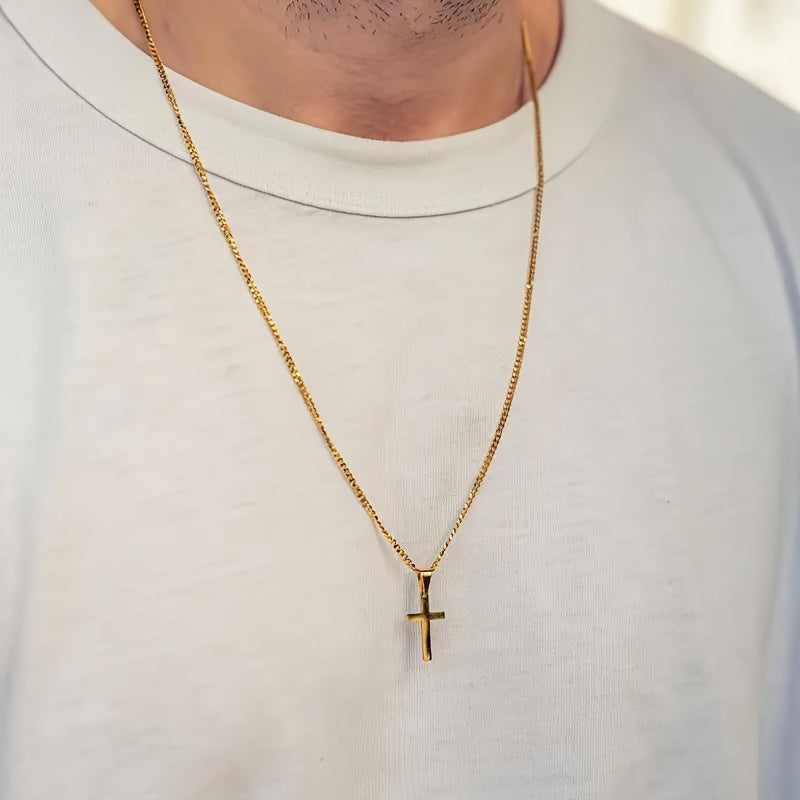 Men's Cross Pendant Necklace 18K Gold Plated Cuban Chain 304 Stainless Steel Minimalist Casual Jewelry Gift for Him Steel Gold