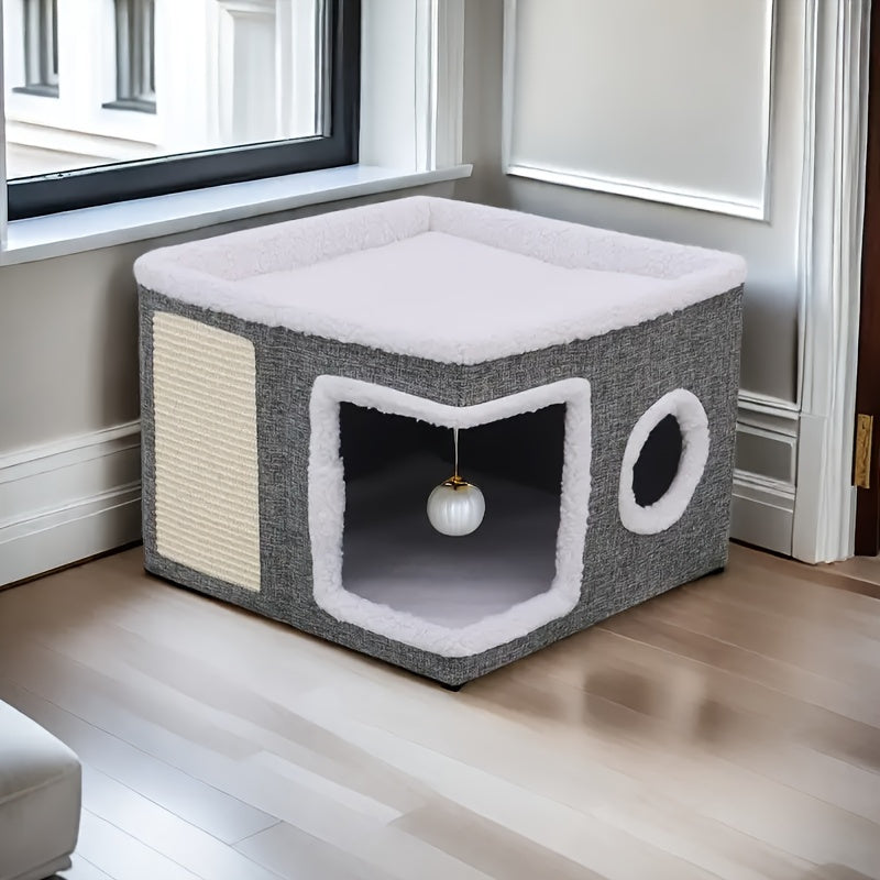 Multi-Layer Cat House with 2-Tier Bed, Toy Tunnel, Foldable Scratching Post & Cozy Mat – All-Season Indoor Cat Condo with Plush Hanging Ball, Nylon Frame & Canvas, Foldable Design