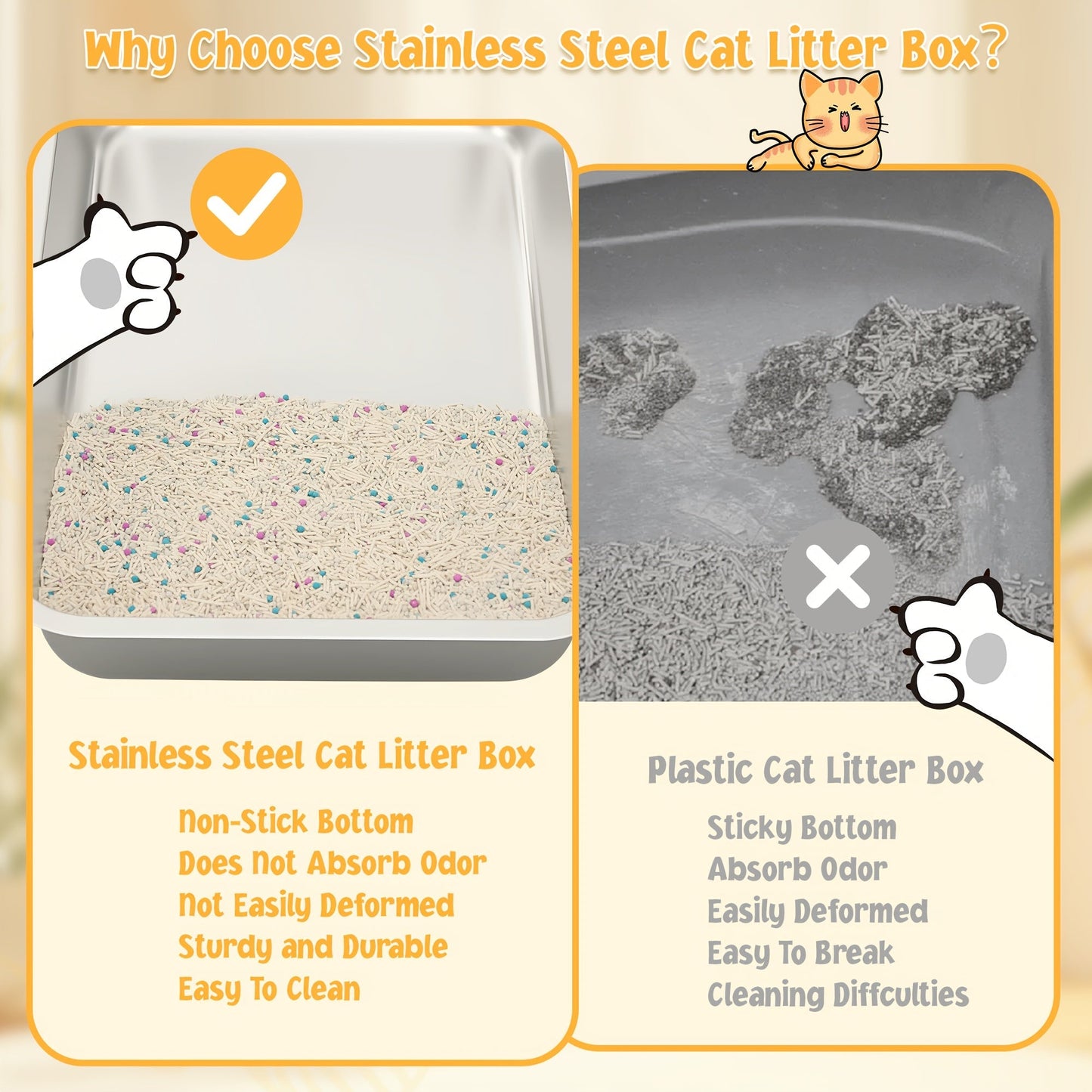 Stainless Steel Cat Litter Box High Sides Anti-Leakage Metal Litter Pan with Scoop Sifting Tray Rust-Proof Odor-Resistant Non-Stick Easy Clean Indoor Cat Toilet Medium Large Cats