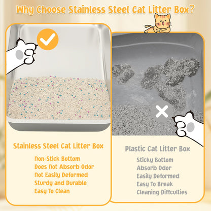 Stainless Steel Cat Litter Box High Sides Anti-Leakage Metal Litter Pan with Scoop Sifting Tray Rust-Proof Odor-Resistant Non-Stick Easy Clean Indoor Cat Toilet Medium Large Cats