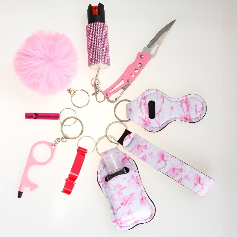 Women's Personal Safety Keychain Set with Whistle Pocket Knife and Spray Compact Self Defense Accessories for Daily Outings Holiday Birthday Gift 6 Colors