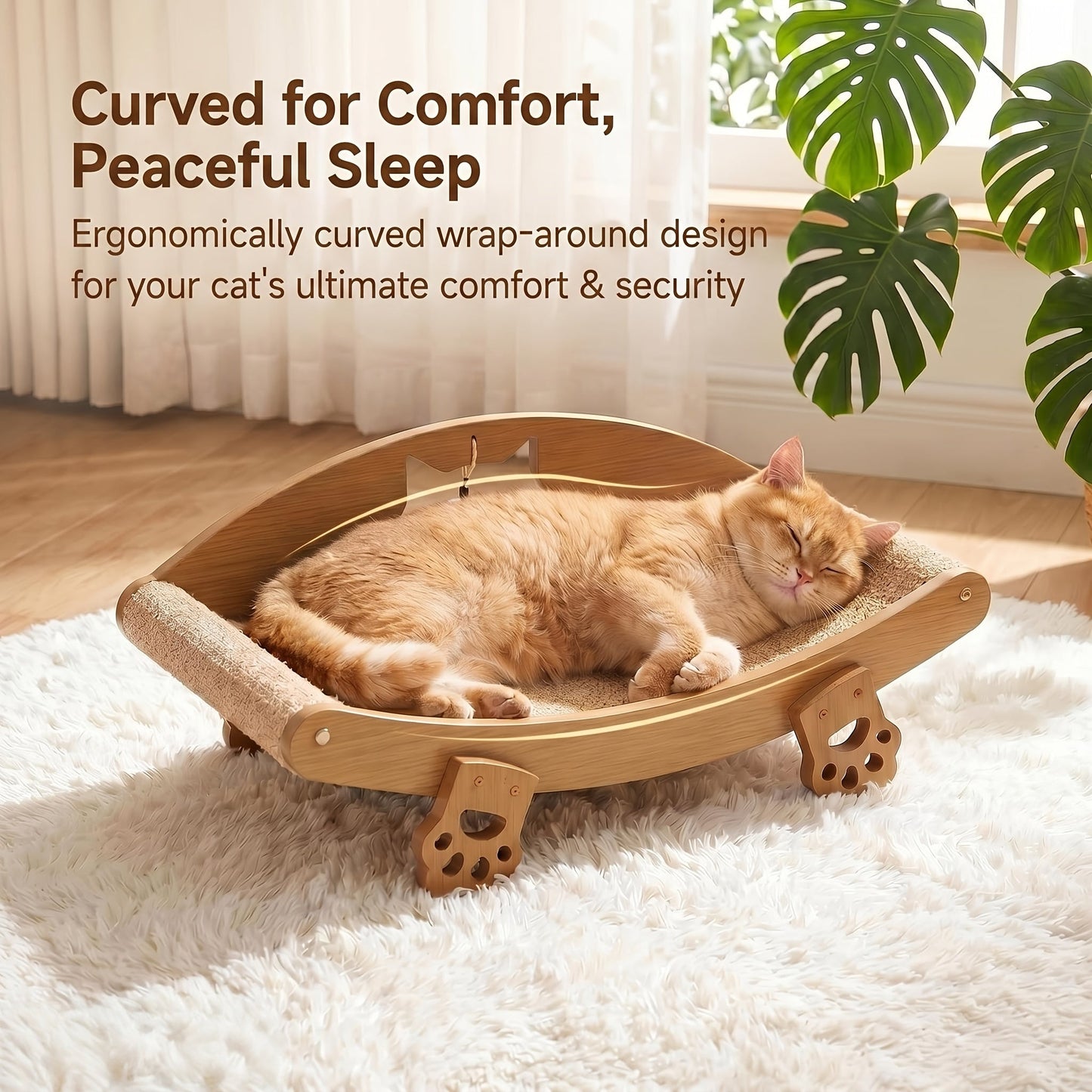 Natural Sisal Cat Scratcher Lounge Chair with Hanging Ball Toy – Solid Wood Curved Cat Bed Scratching Pad, Anti-Scratch Kitty Sofa, Furniture Protector for Indoor Cats