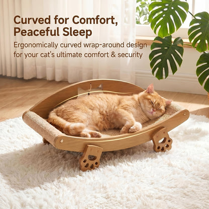 Natural Sisal Cat Scratcher Lounge Chair with Hanging Ball Toy – Solid Wood Curved Cat Bed Scratching Pad, Anti-Scratch Kitty Sofa, Furniture Protector for Indoor Cats