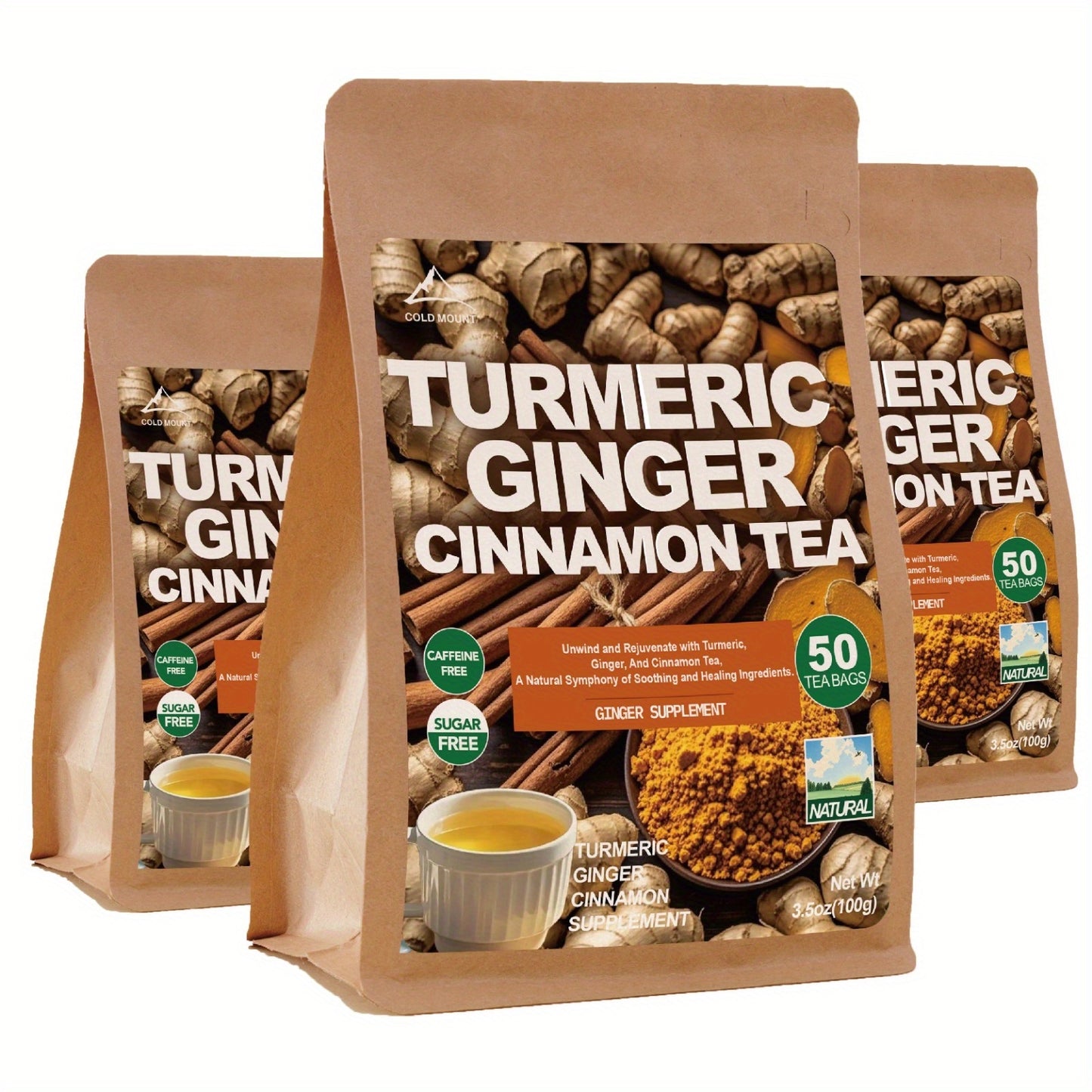 Turmeric Ginger Cinnamon Herbal Tea – Sugar Free, Caffeine Free, No Additives, Natural Wellness Tea Bags for Immune Support, Anti-Inflammatory & Detox, 1/2/3 Bags