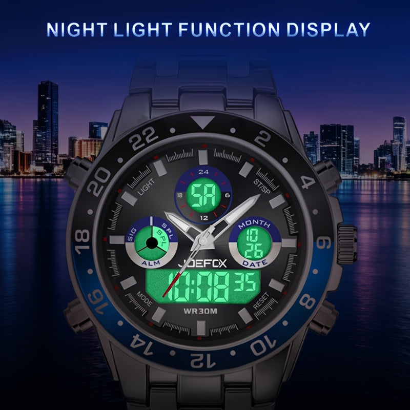 Men's Vintage Business Chronograph Watch with Steel Band – Dual Movement Waterproof Wristwatch with Band Adjustment Tool Father's Day Birthday Gift for Men